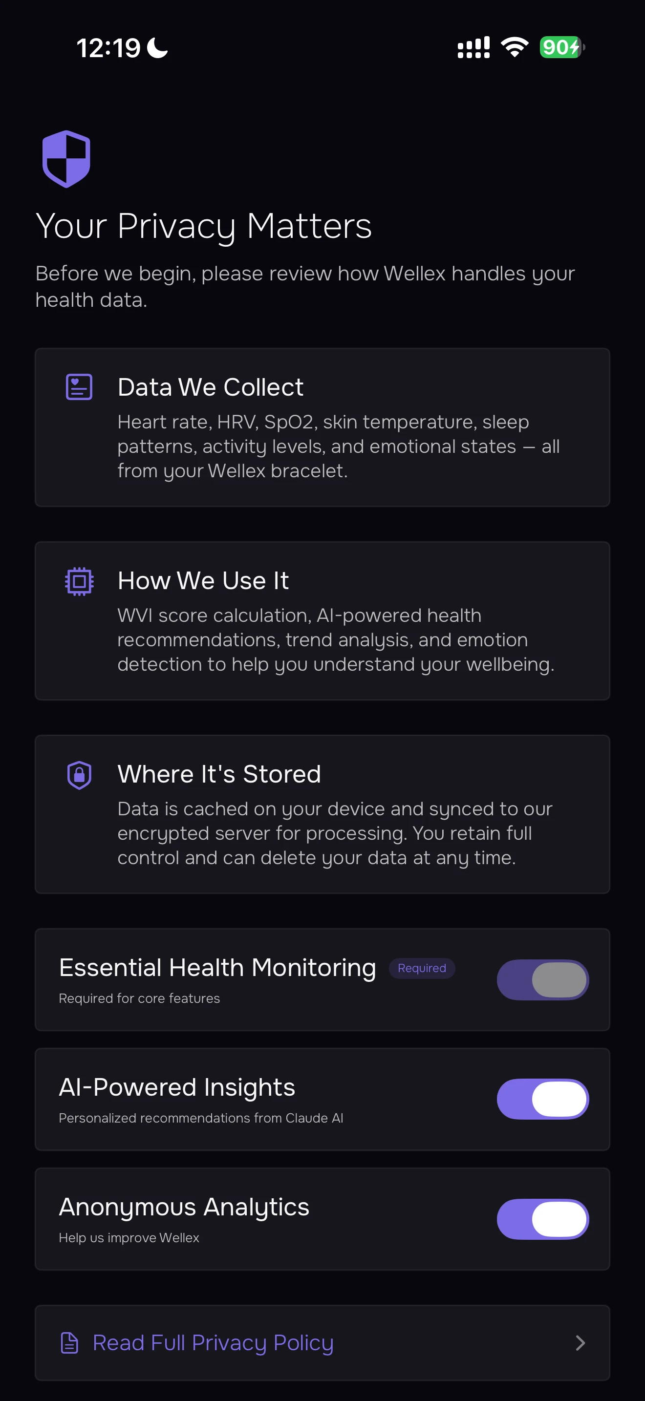 The Wellex app consent screen listing what is collected and which switches are optional