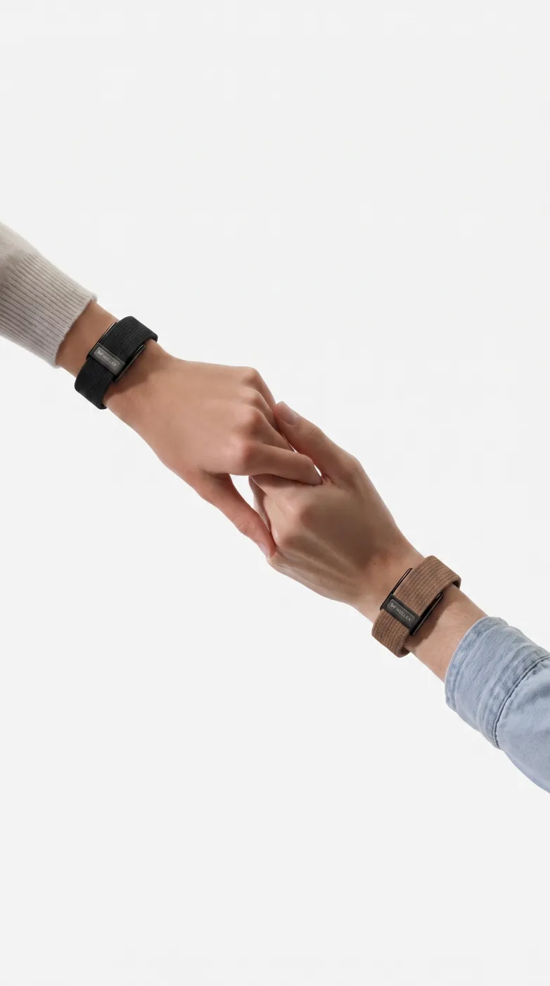 Two people side by side, each wearing the band, hands at rest against plain daylight