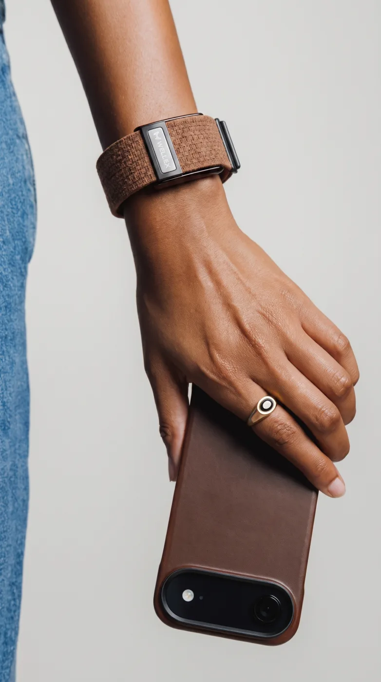 A hand holding a phone, wearing a Wellex band