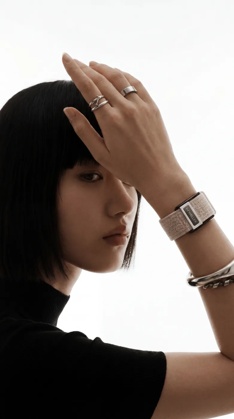 A person looking away from the camera, the band on the wrist, unhurried